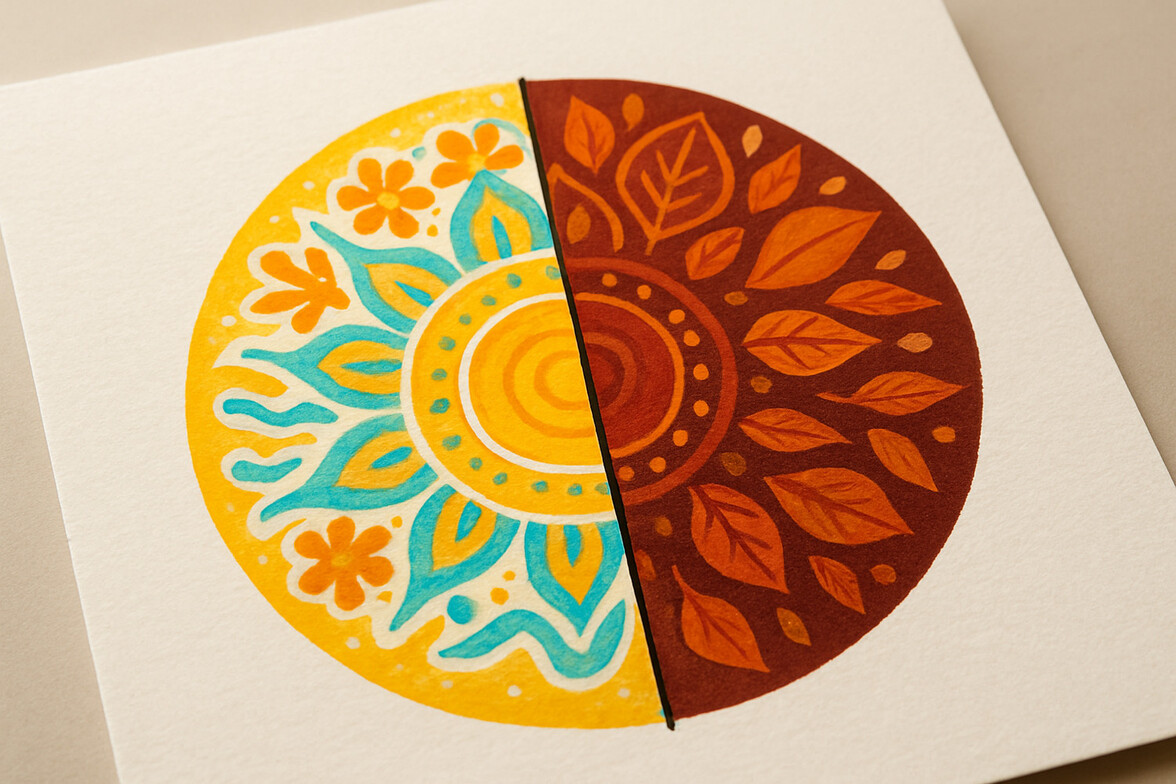 Mandala artwork showing summer on one half and the next season on the other, supporting therapeutic reflection on change and new beginnings.