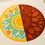 Mandala artwork showing summer on one half and the next season on the other, supporting therapeutic reflection on change and new beginnings.