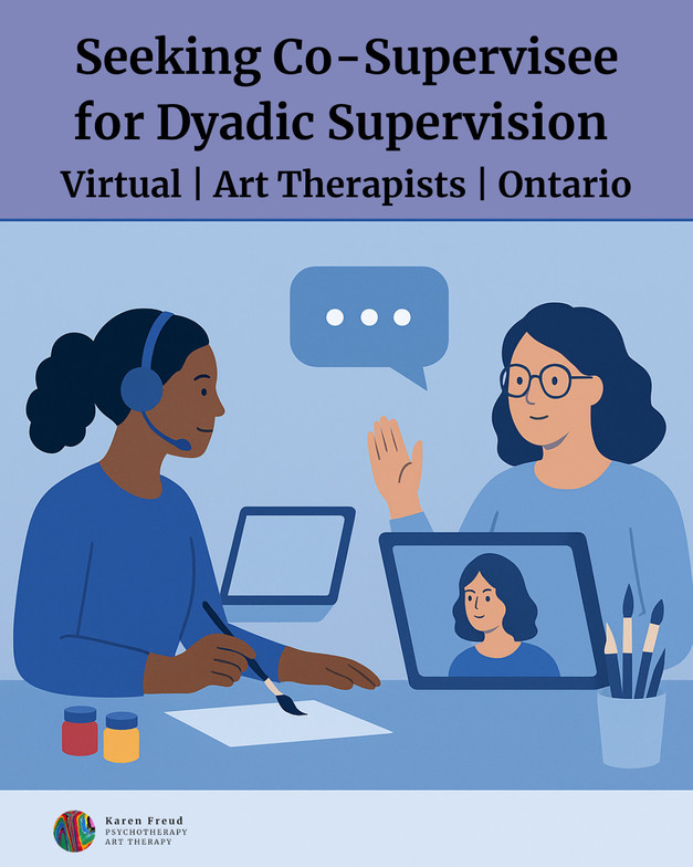 Two art therapists engaged in virtual clinical supervision with Karen Freud, North York-based virtual clinic in Ontario.