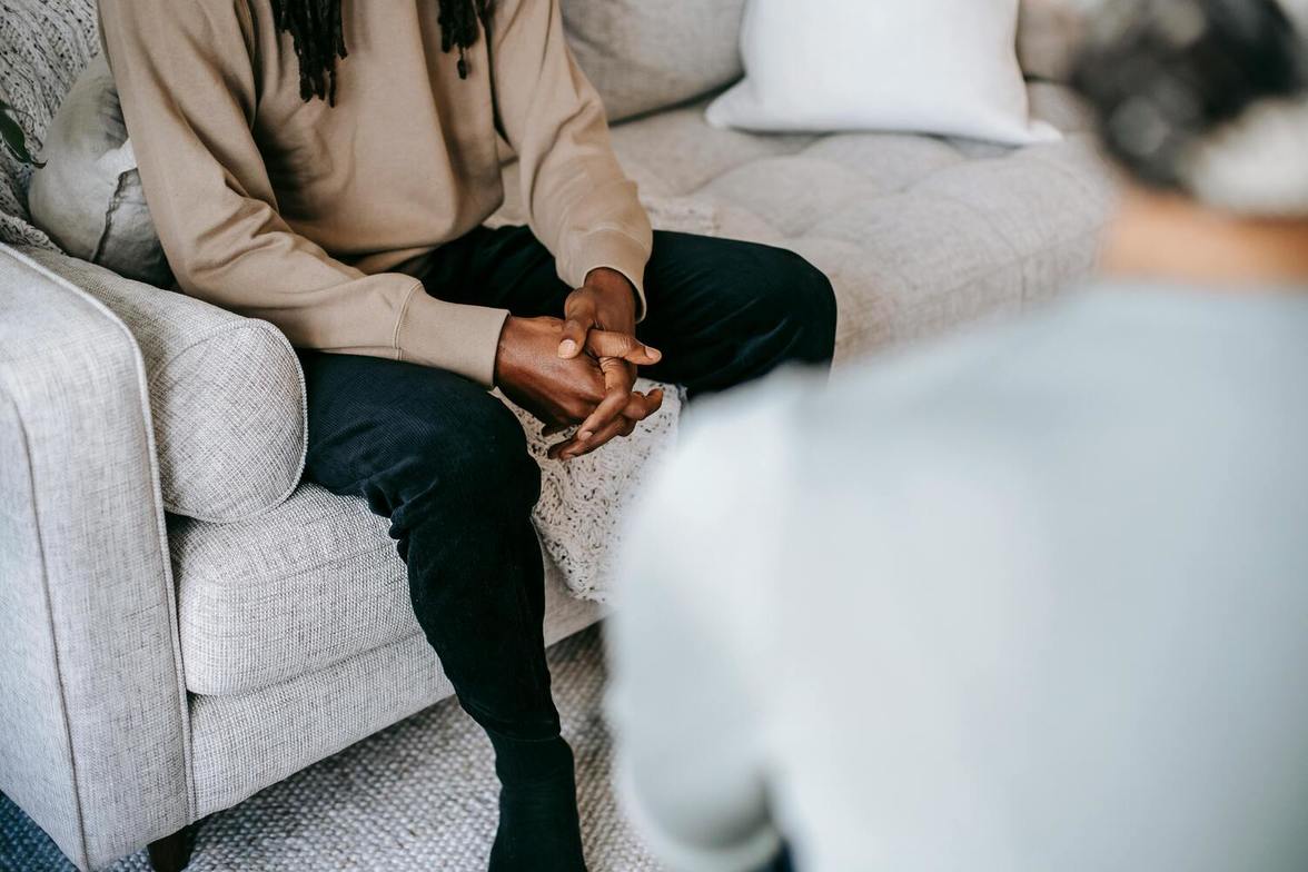 Man in therapy session discussing anxiety with a Registered Psychotherapist in North York | adult anxiety counselling and art therapy